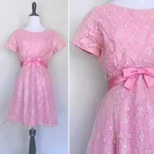 Vintage 60s Emma Domb Pink & Silver Lace Mini Party Cocktail Dress XS
